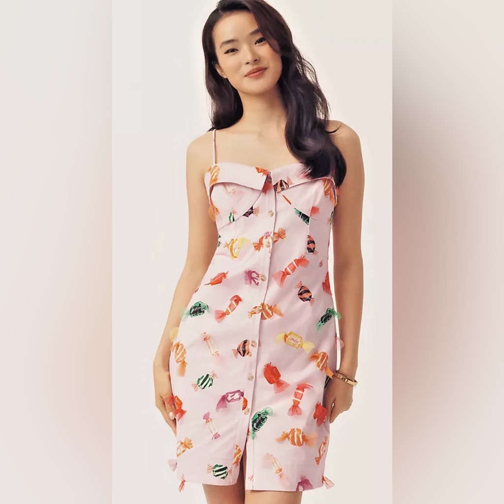 Anthropologie Maeve Candy Print Buttondown Mini Dress Pink Lavender Sz 2 Nwt